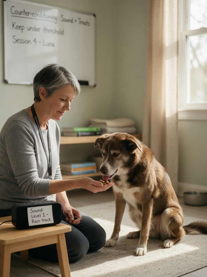 A behaviourist conducting desensitisation training with a dog using low-volume sound exposure and positive reward association