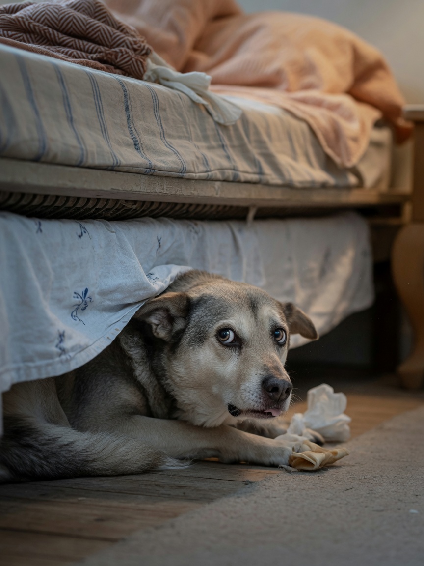 Hund versteckt sich unter einem Bett und zeigt Angst- und Stressreaktionen