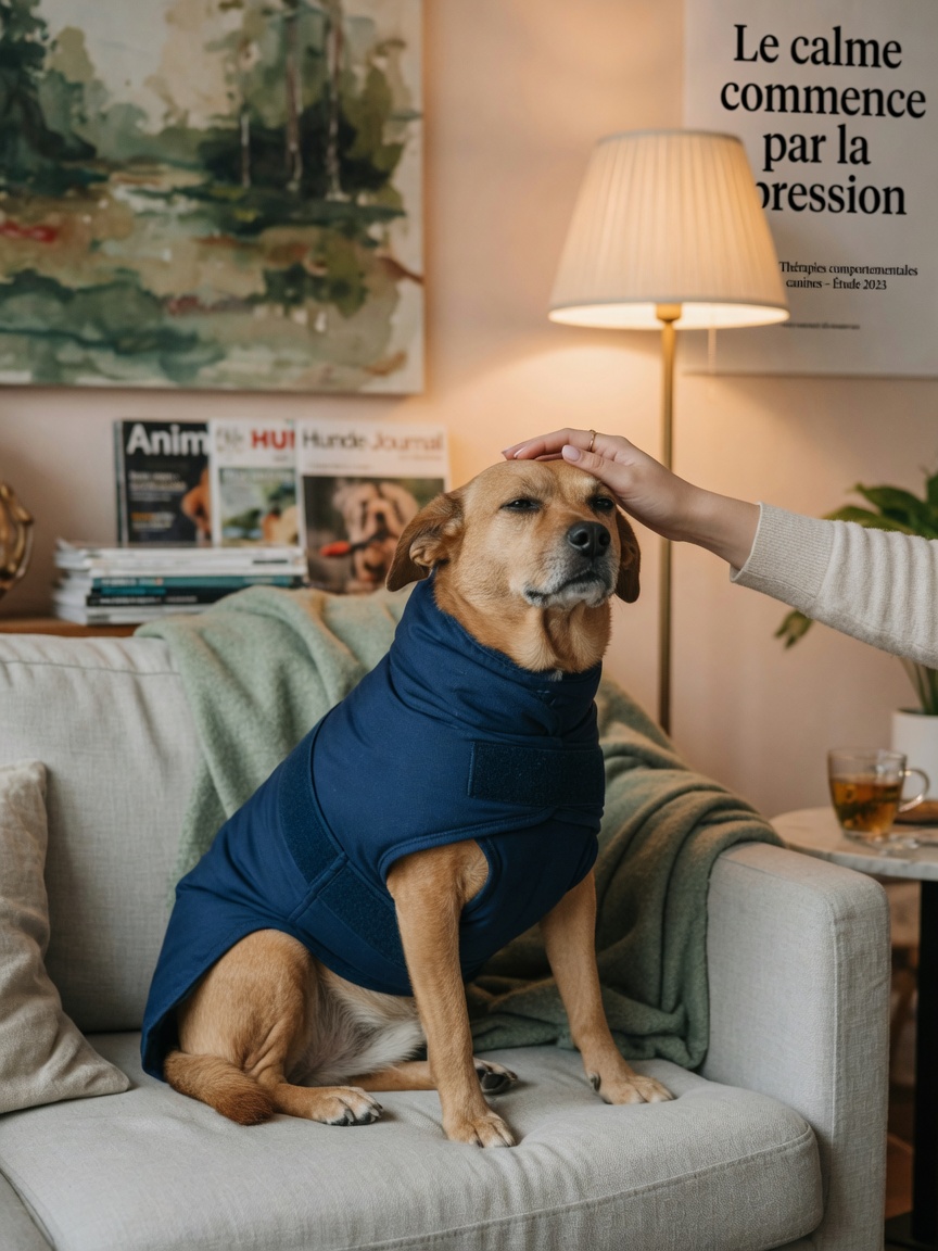 Hund trägt einen Angstwickel mit Besitzer, der Trost während Stressabbau bietet