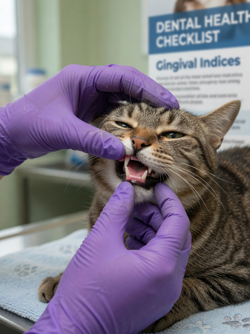 Veterinarian checking capillary refill time and gum colour on a calm cat's mouth during vital signs assessment