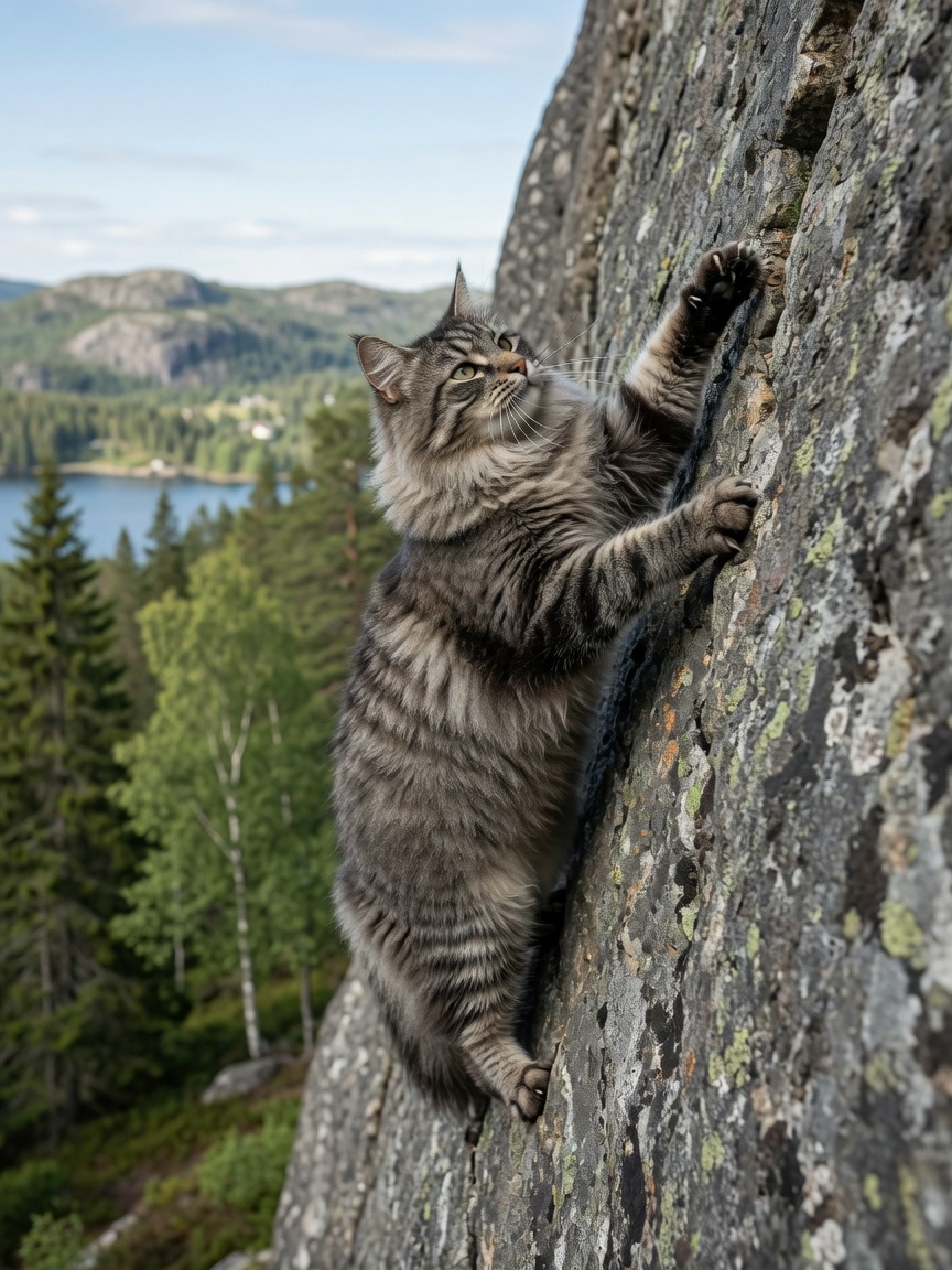 Un Gatto Norvegese delle Foreste che sale verticalmente su una parete rocciosa ripida, dimostrando la straordinaria abilità di arrampicata della razza