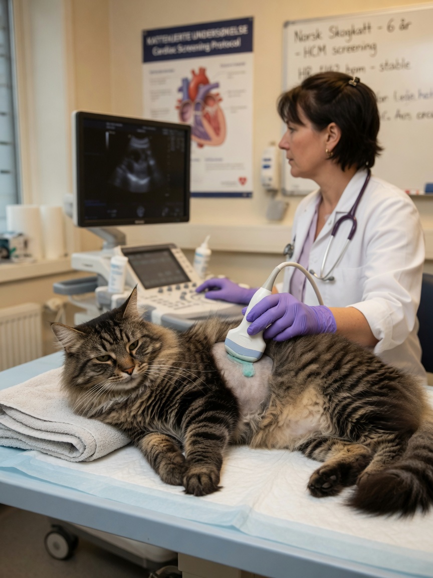 Un Gatto Norvegese delle Foreste sottoposto a screening della salute cardiaca con una sonda ecografica tenuta da un veterinario