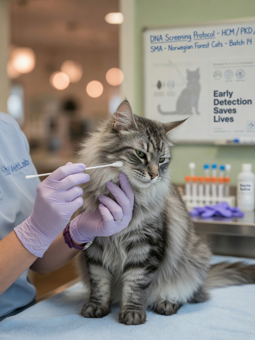 Veterinary technician performing DNA swab test on Norwegian Forest Cat for genetic screening