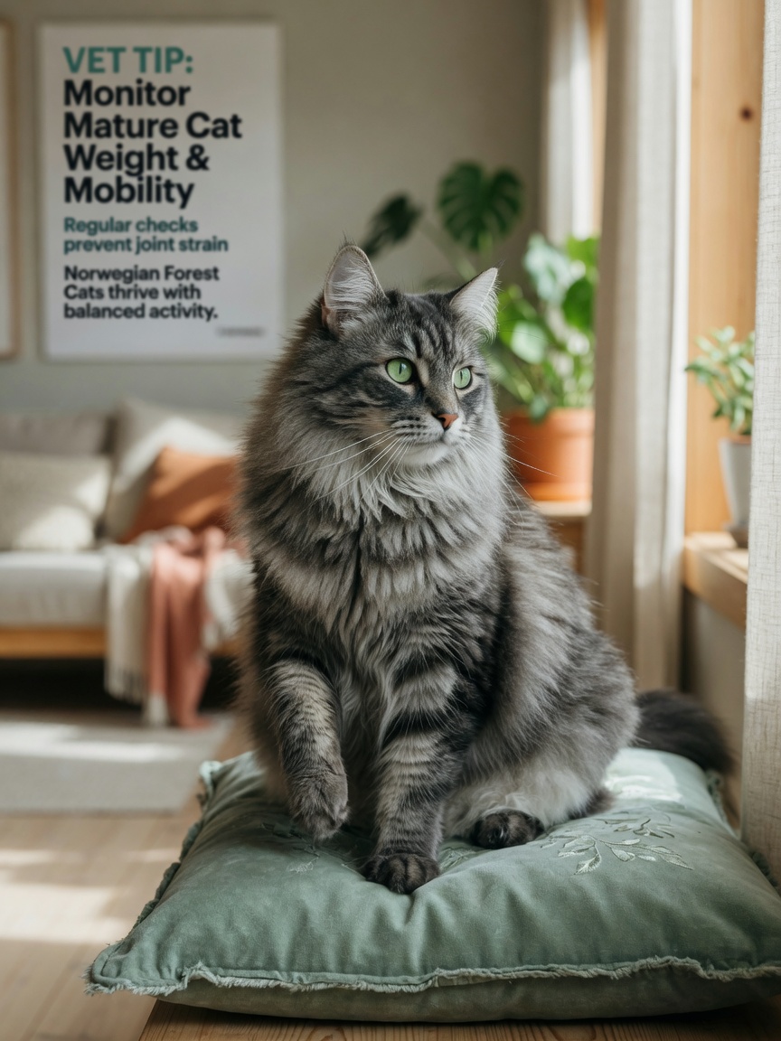 Norwegian Forest Cat displaying healthy posture and body condition in natural home lighting