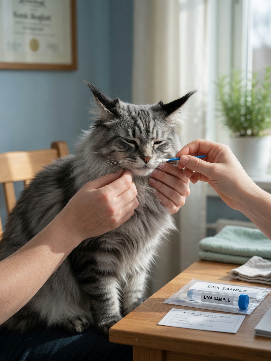Breeder collecting DNA sample from Norwegian Forest Cat's cheek for genetic testing