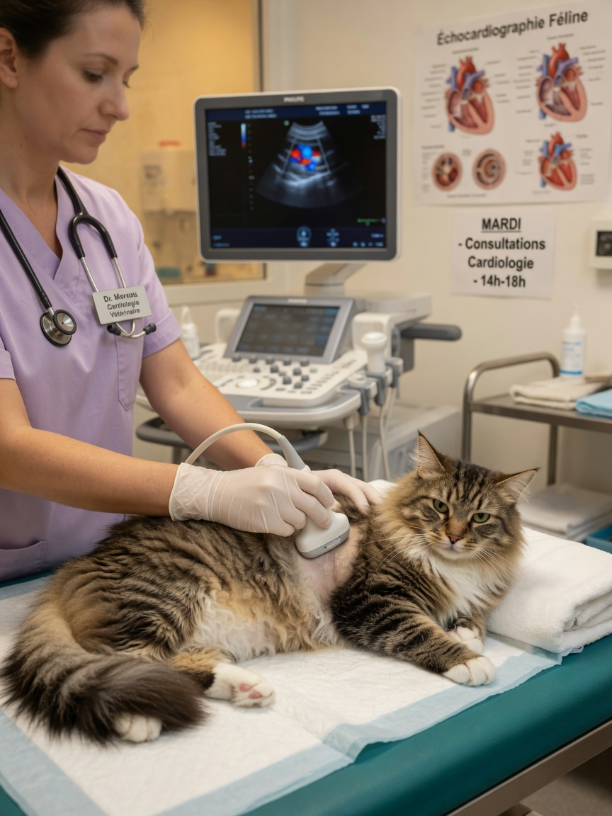 Veterinary cardiologist performing heart ultrasound screening on Norwegian Forest Cat