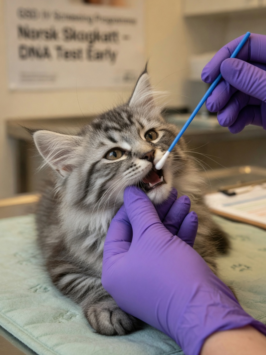 DNA cheek swab collection from a Norwegian Forest Cat kitten for GSD IV genetic testing