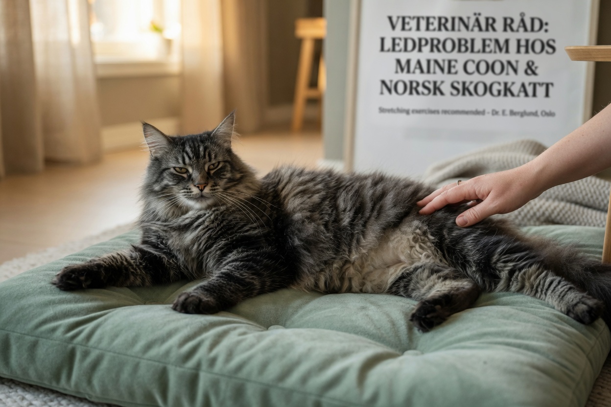 Norwegian Forest Cat displaying stiffness in hindlimbs characteristic of hip dysplasia