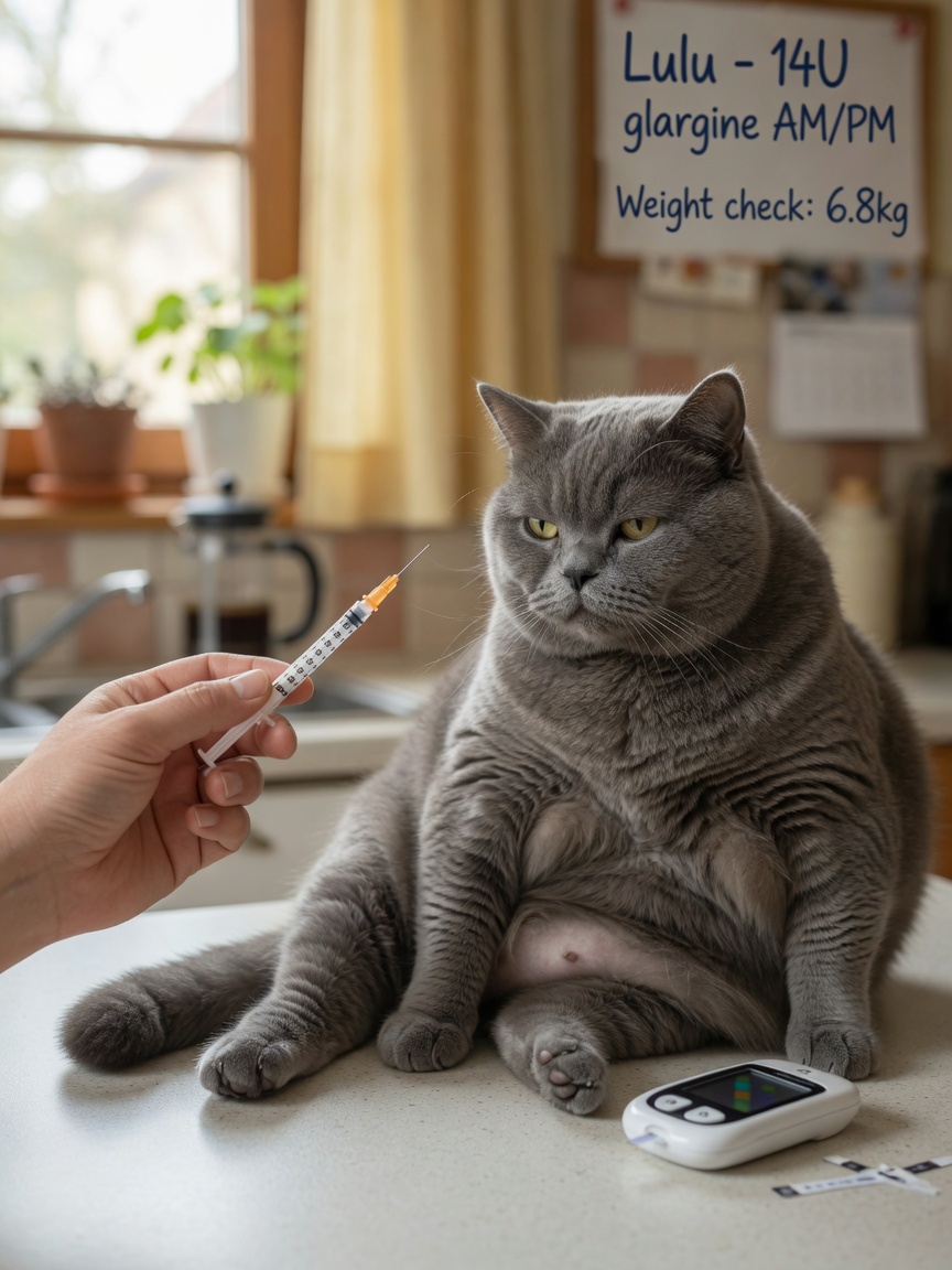 Insulin syringe and glucose monitor beside overweight cat for diabetes management