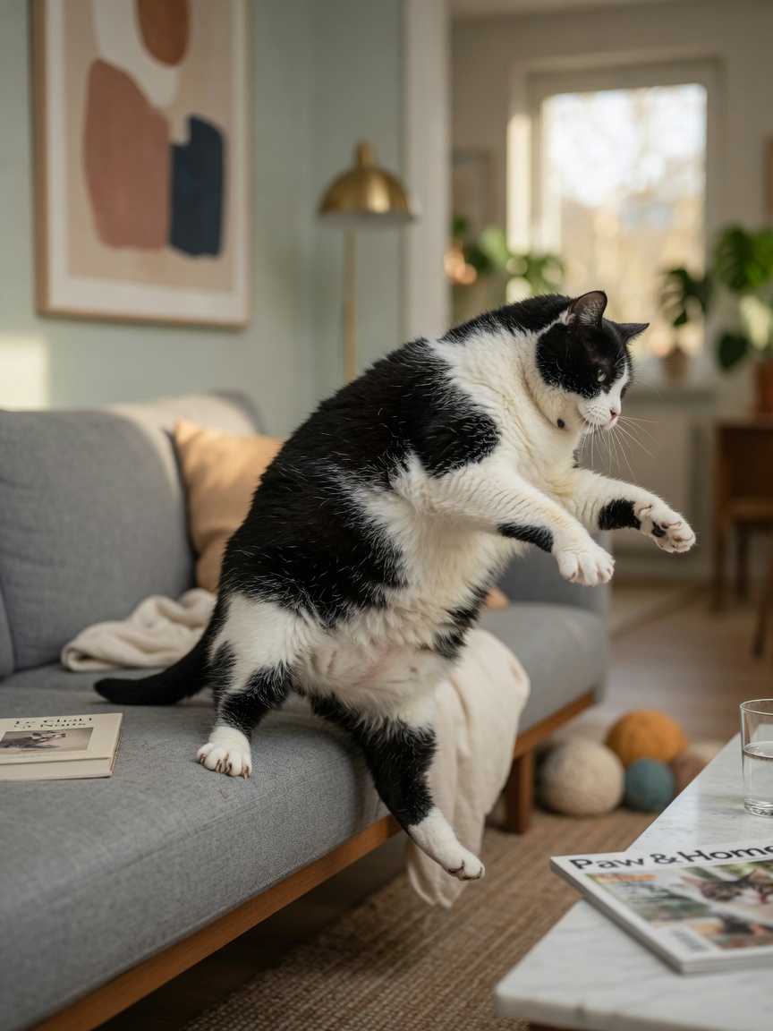 Obese black and white cat struggling to jump onto furniture due to arthritis
