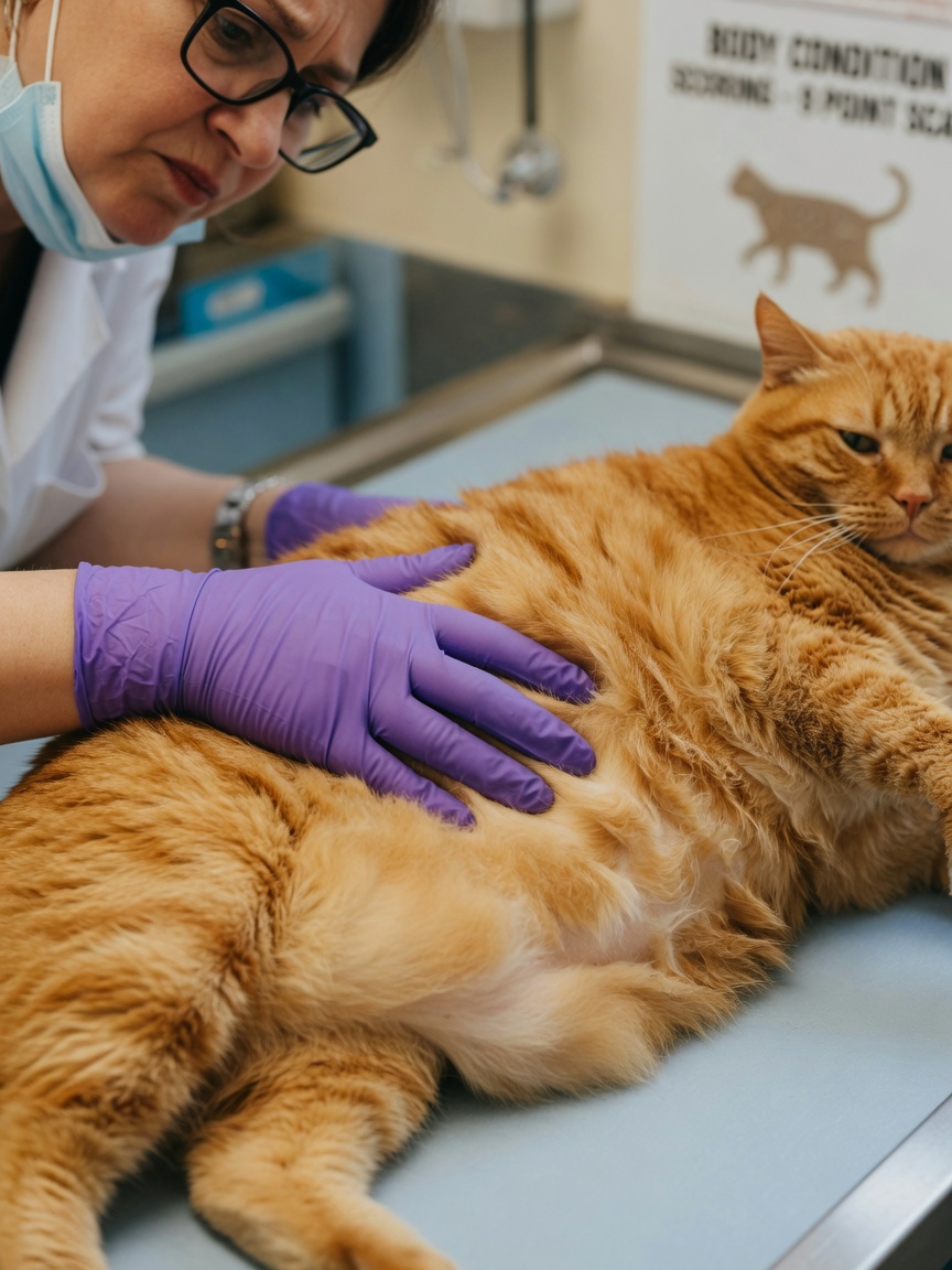 A veterinarian assessing body condition on an overweight tabby cat during a health examination