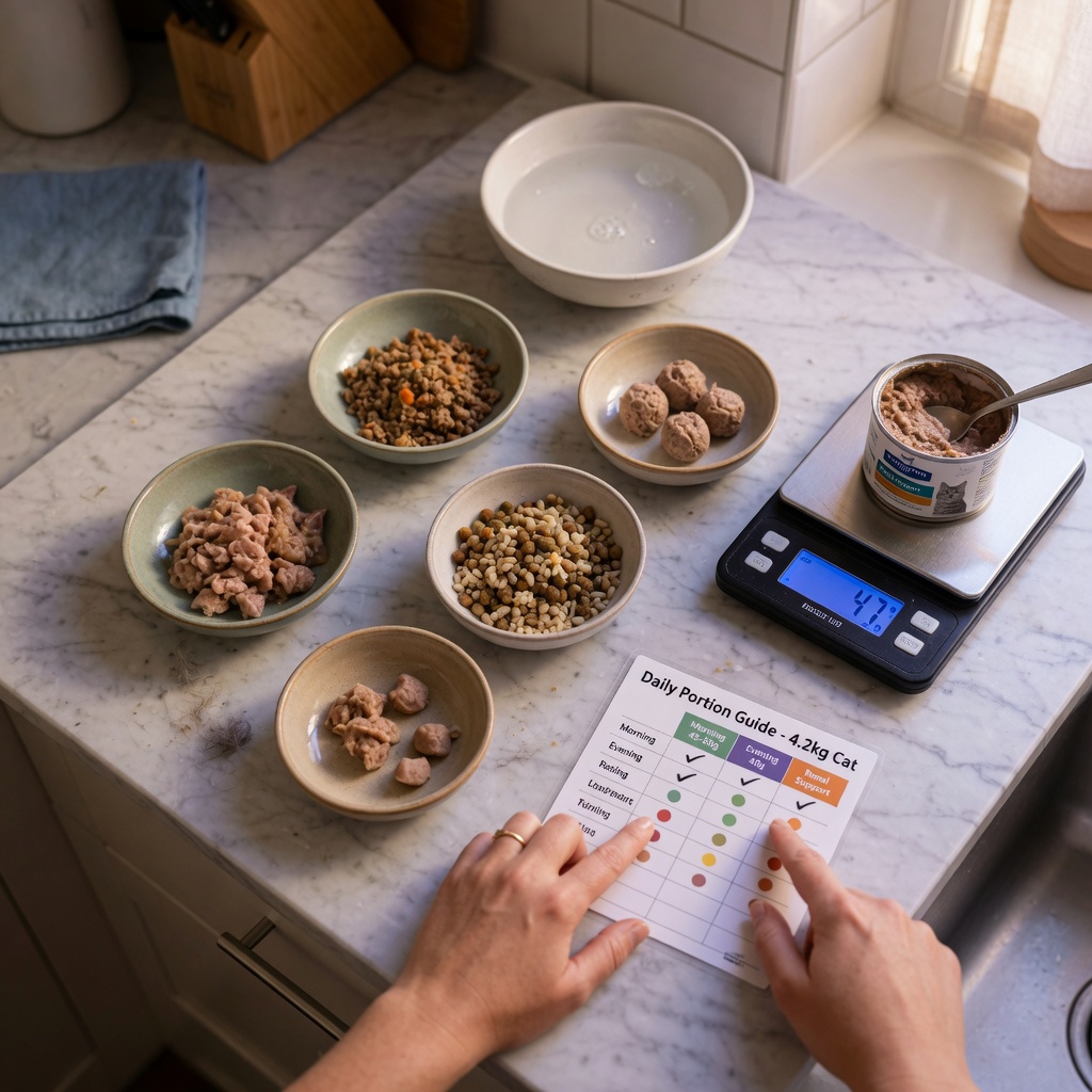 Measured portions of cat food divided into small bowls with a kitchen scale for portion control during weight loss
