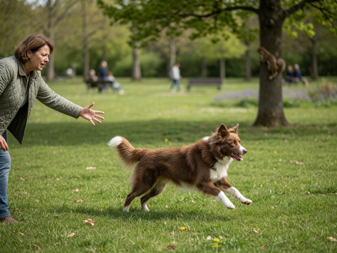 Handler calling to a dog running away in a park, illustrating recall failure in high-distraction environment