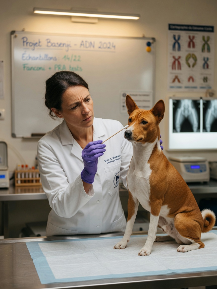 Veterinary geneticist collecting DNA sample from a Basenji's cheek for genomic testing in a modern clinic