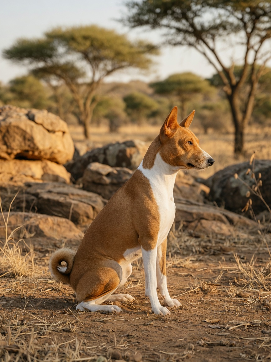 A Basenji in a natural African savanna landscape with sparse trees and rocky terrain, displaying its lean athletic build