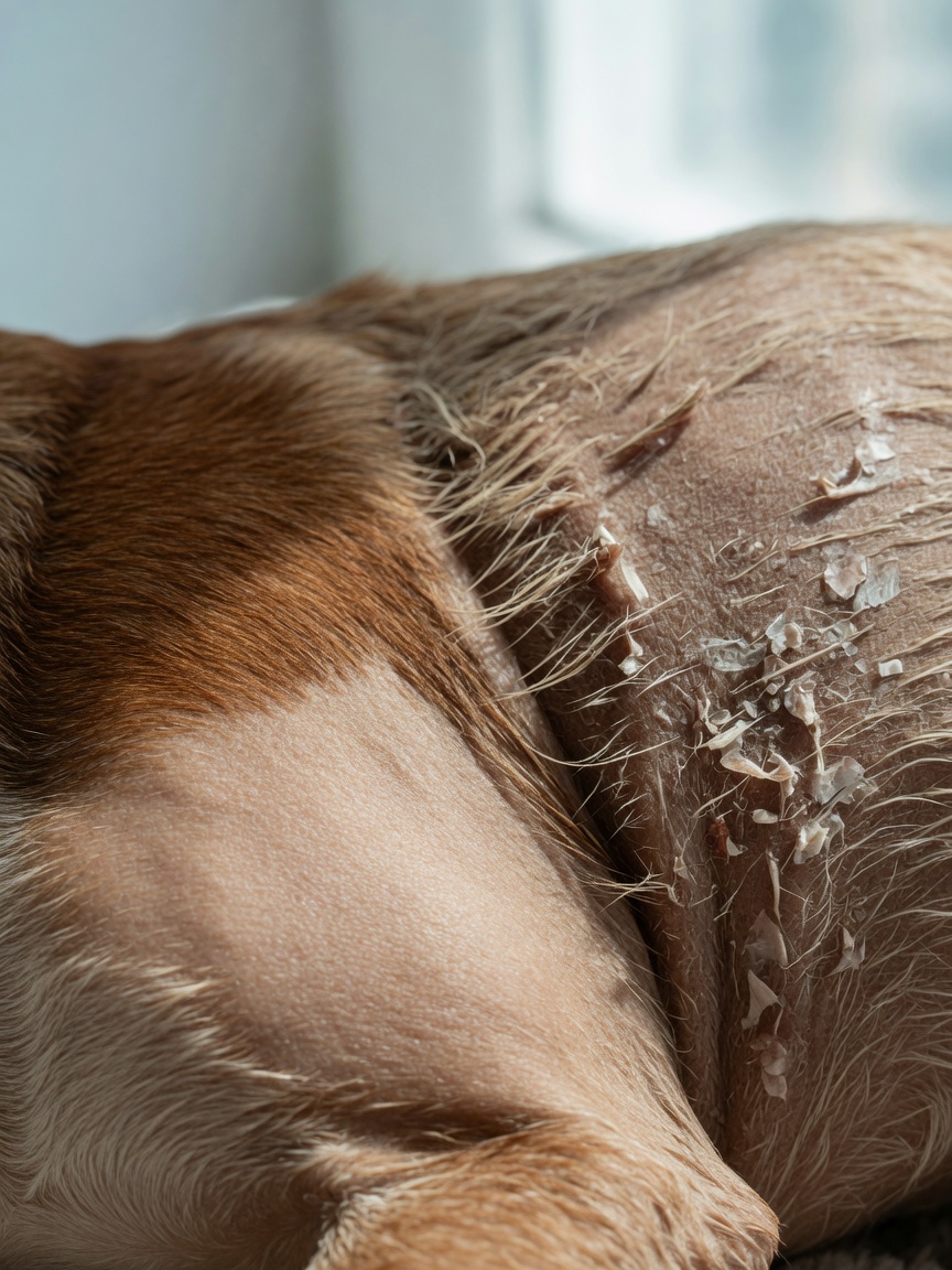Close-up comparison of healthy glossy coat versus dry flaky skin showing omega-3 benefit