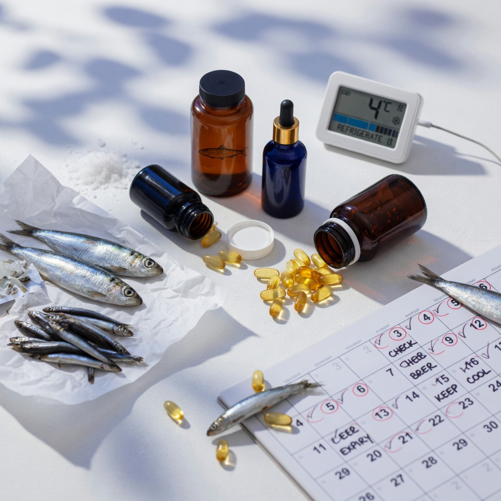 Fish oil supplements, fresh sardines and anchovies with storage and selection elements for quality assessment