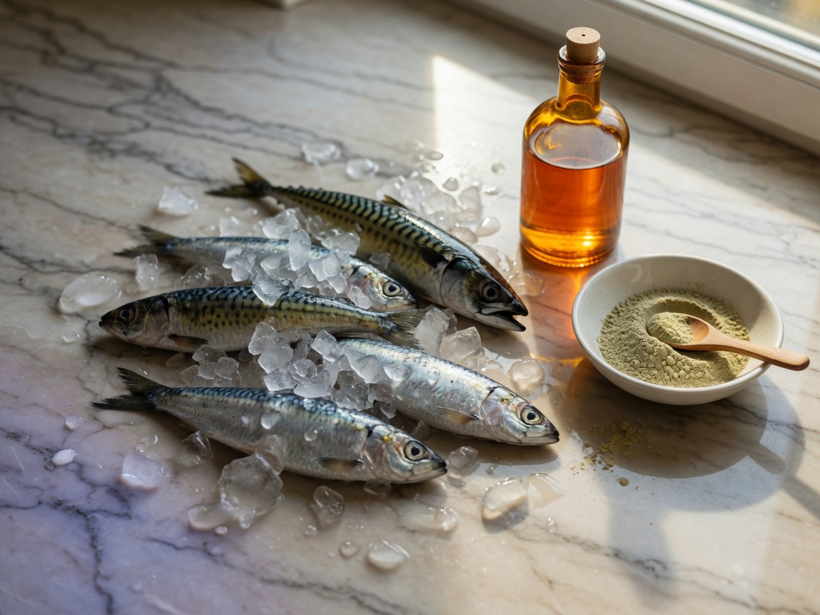 Flat-lay of omega-3 sources including fresh sardines, mackerel, salmon oil, and algae supplement on marble surface