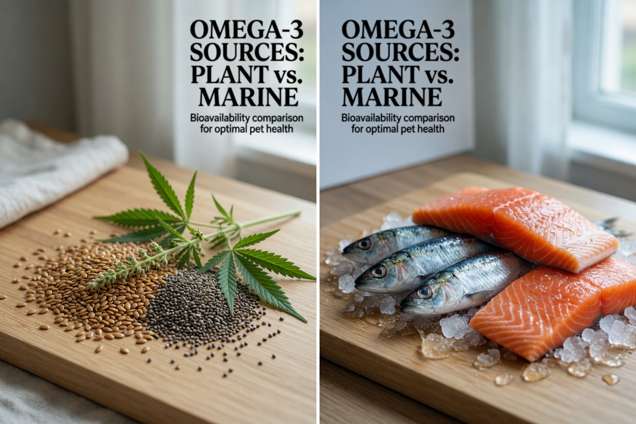 Side-by-side comparison of plant-based omega-3 sources (flaxseeds, chia, hemp) and marine sources (sardines, salmon)