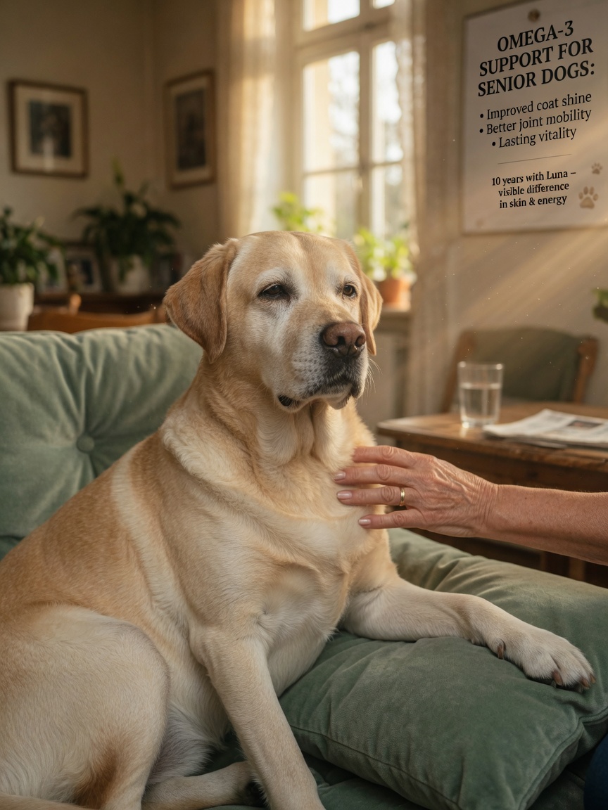 Elderly Labrador with improved coat quality resting peacefully while owner gently strokes its shoulder in warm sunlight