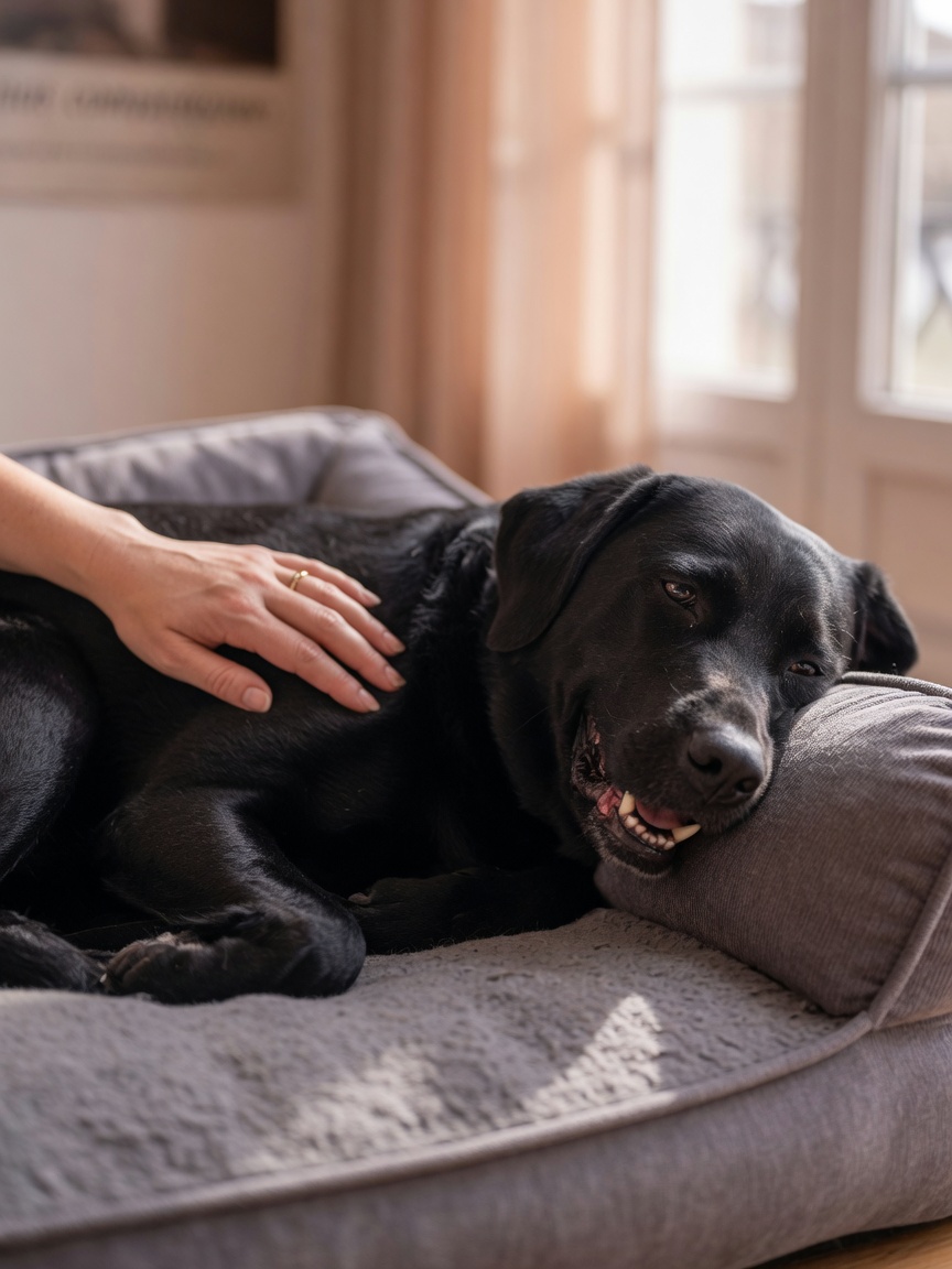 Lethargic dog lying on bed showing signs of weakness and illness