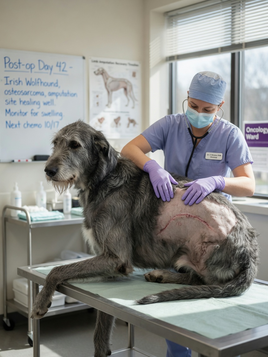 A veterinary oncologist examining the healed surgical site of an Irish Wolfhound's amputation, demonstrating post-operative assessment in a bright clinical setting.