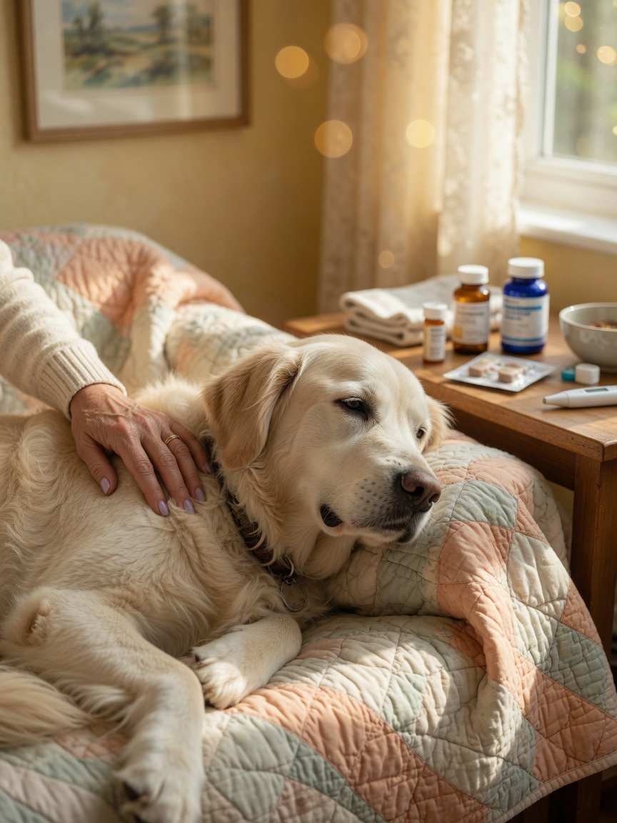 An elderly Golden Retriever resting peacefully on a soft bed in warm window light, with an owner's hand gently on the dog, representing palliative comfort care.