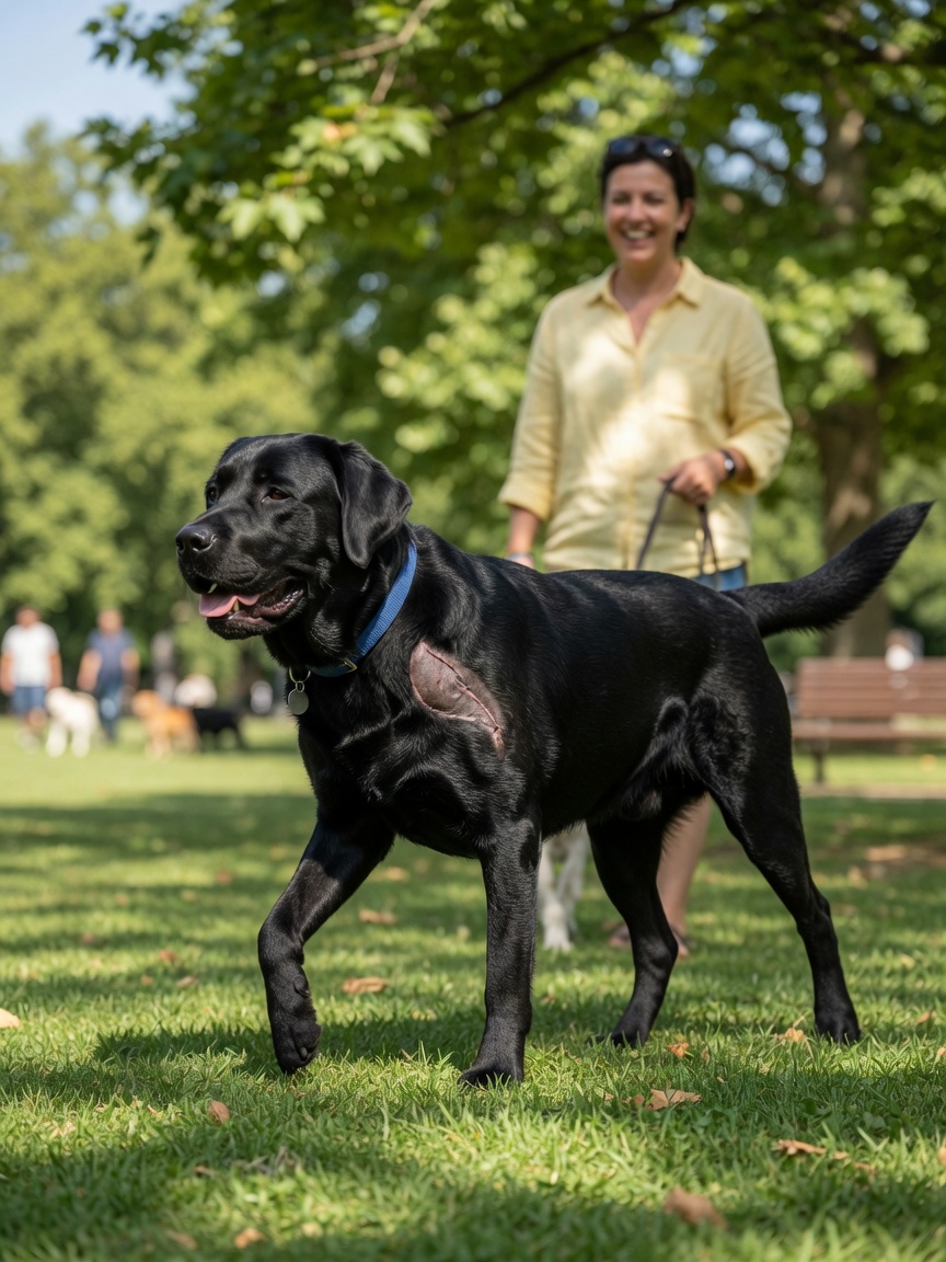 Labrador Retriever amputado adaptándose a la movilidad de tres patas después de cirugía de amputación por osteosarcoma