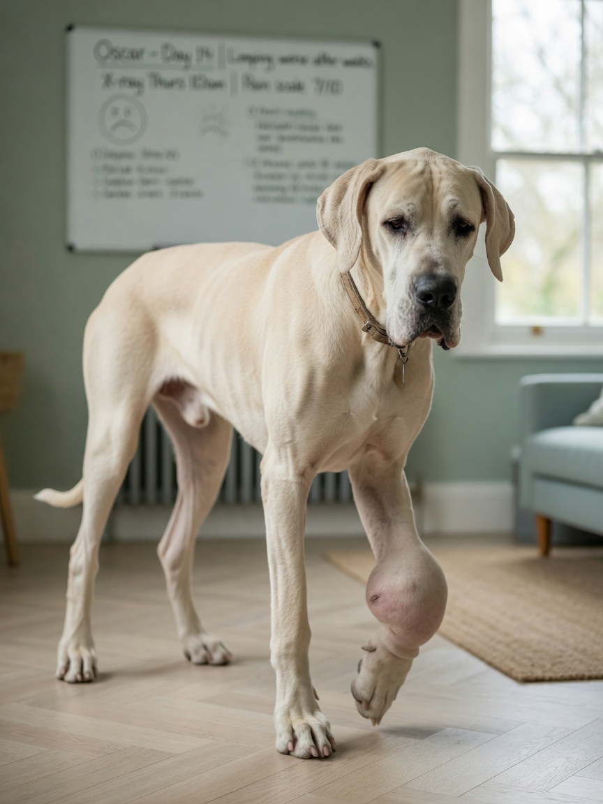 Cão de raça grande mostrando claudicação e relutância em colocar peso no membro anterior afetado
