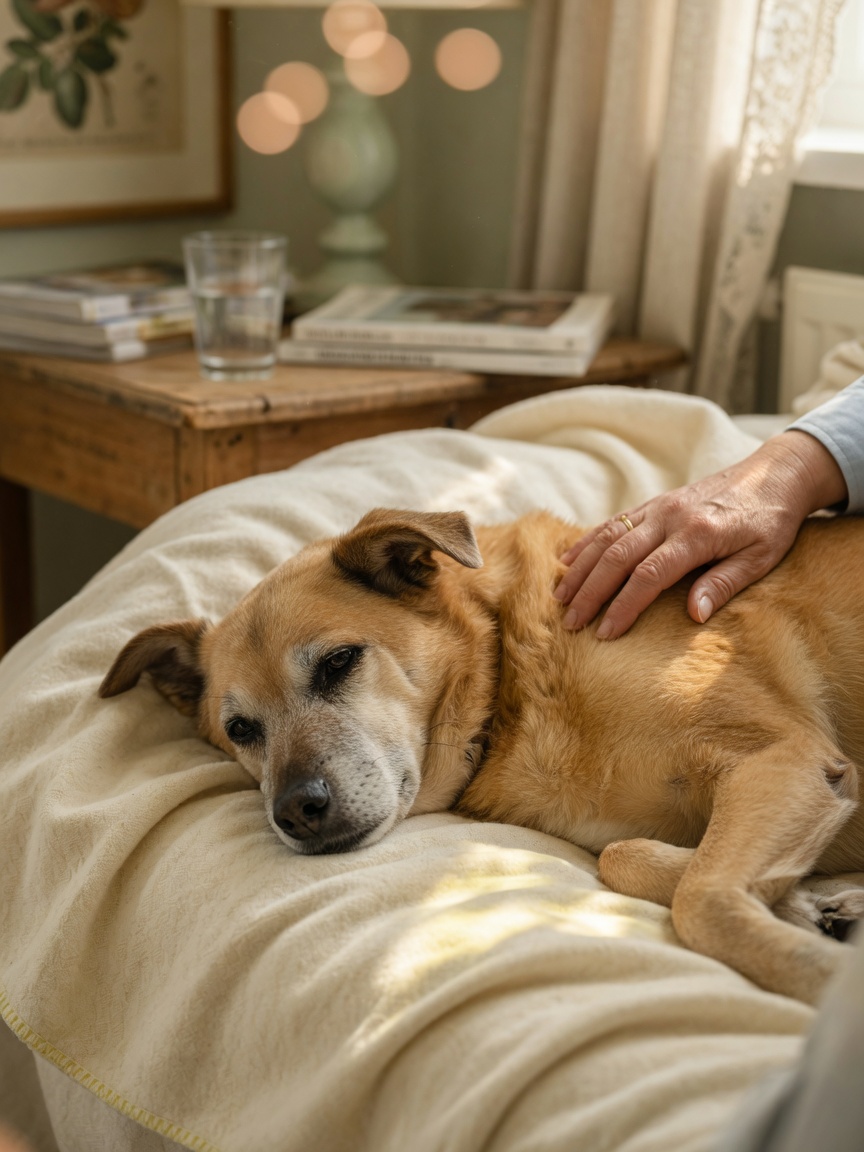 Elderly dog resting peacefully on a soft blanket with owner's hand providing comfort during end-of-life palliative care