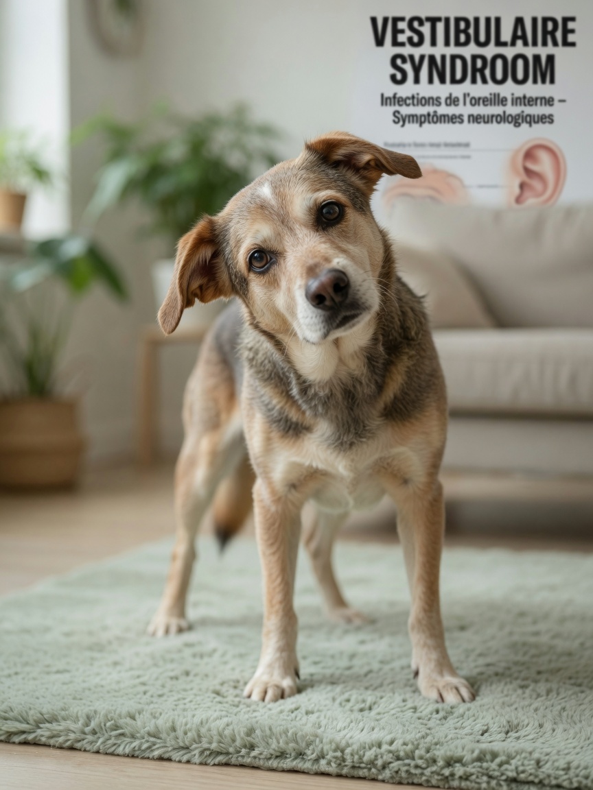 Dog displaying head tilt and vestibular signs characteristic of inner ear infection