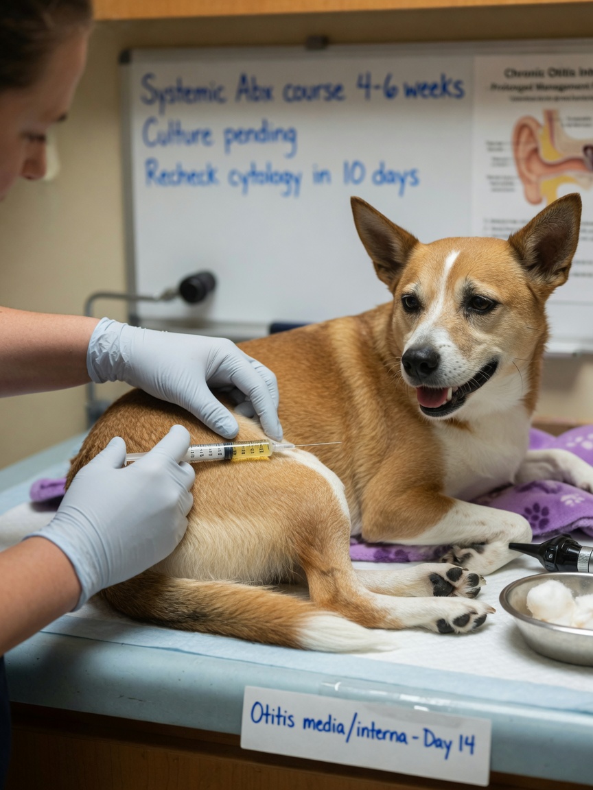 Veterinarian administering systemic antibiotic injection to dog for inner ear infection treatment