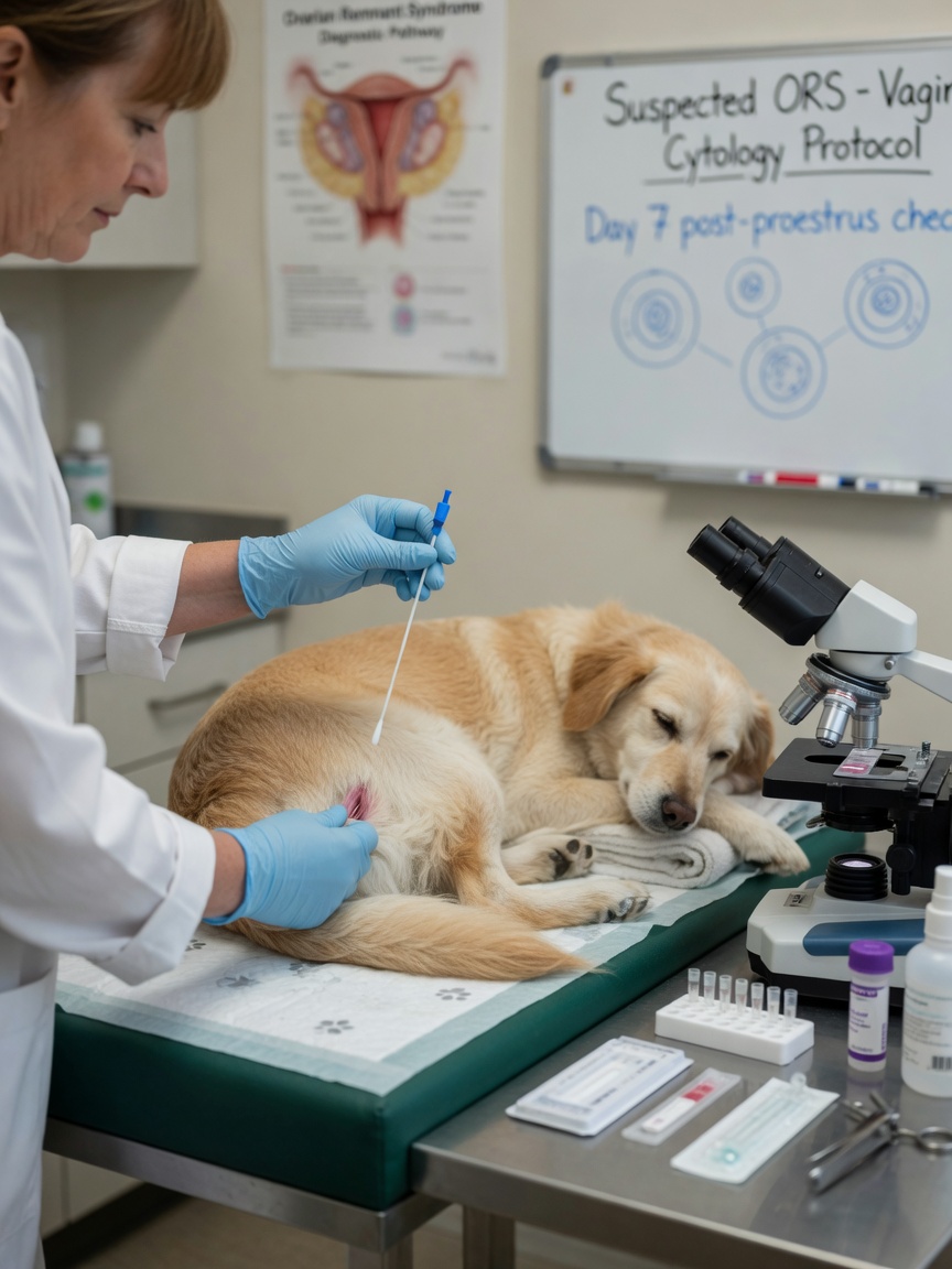Veterinario recolectando muestra de citología vaginal de una perra para pruebas diagnósticas del síndrome de remanente ovárico