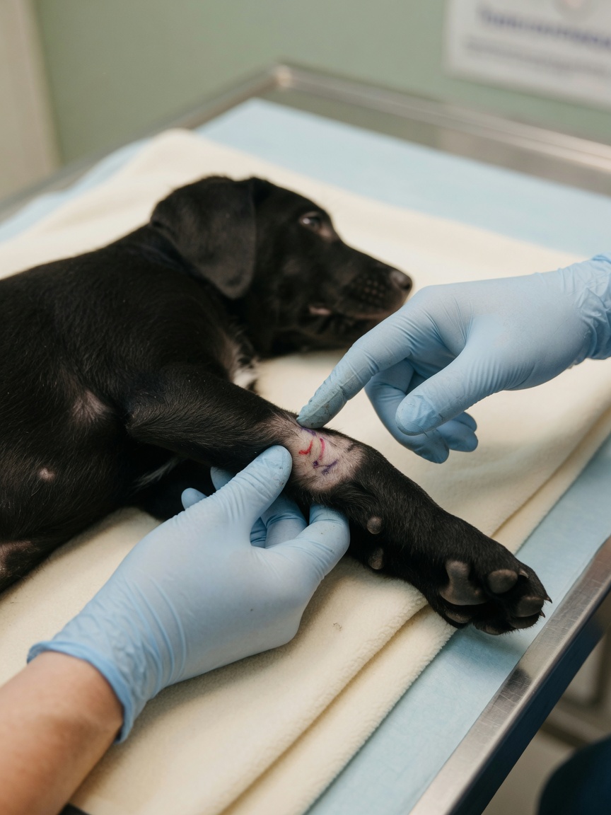 Veterinarian examining growth plate area on a young black Labrador puppy's foreleg during clinical examination