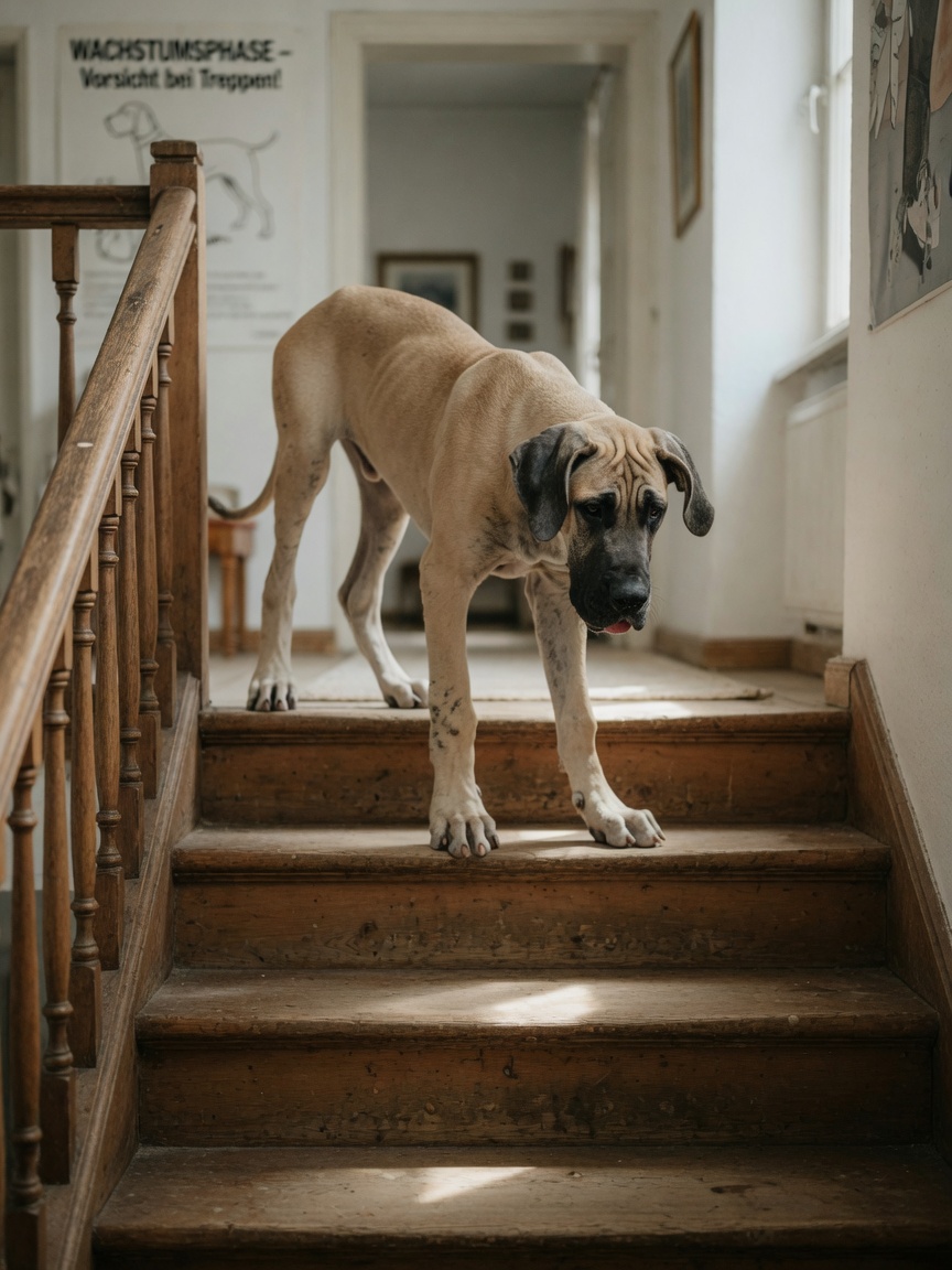 Young Great Dane puppy negotiating stairs, demonstrating high-risk repetitive stress on developing growth plates