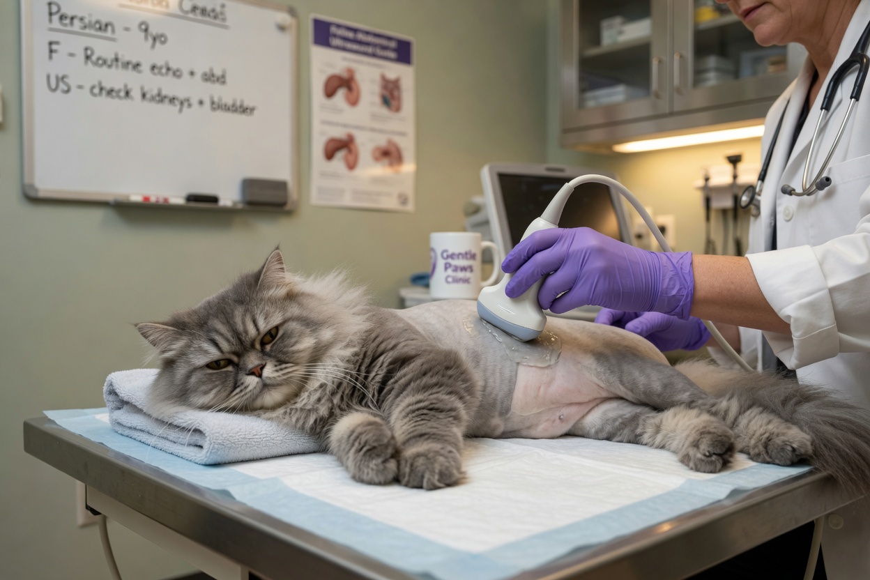 Persian cat undergoing ultrasound examination for urinary stones detection