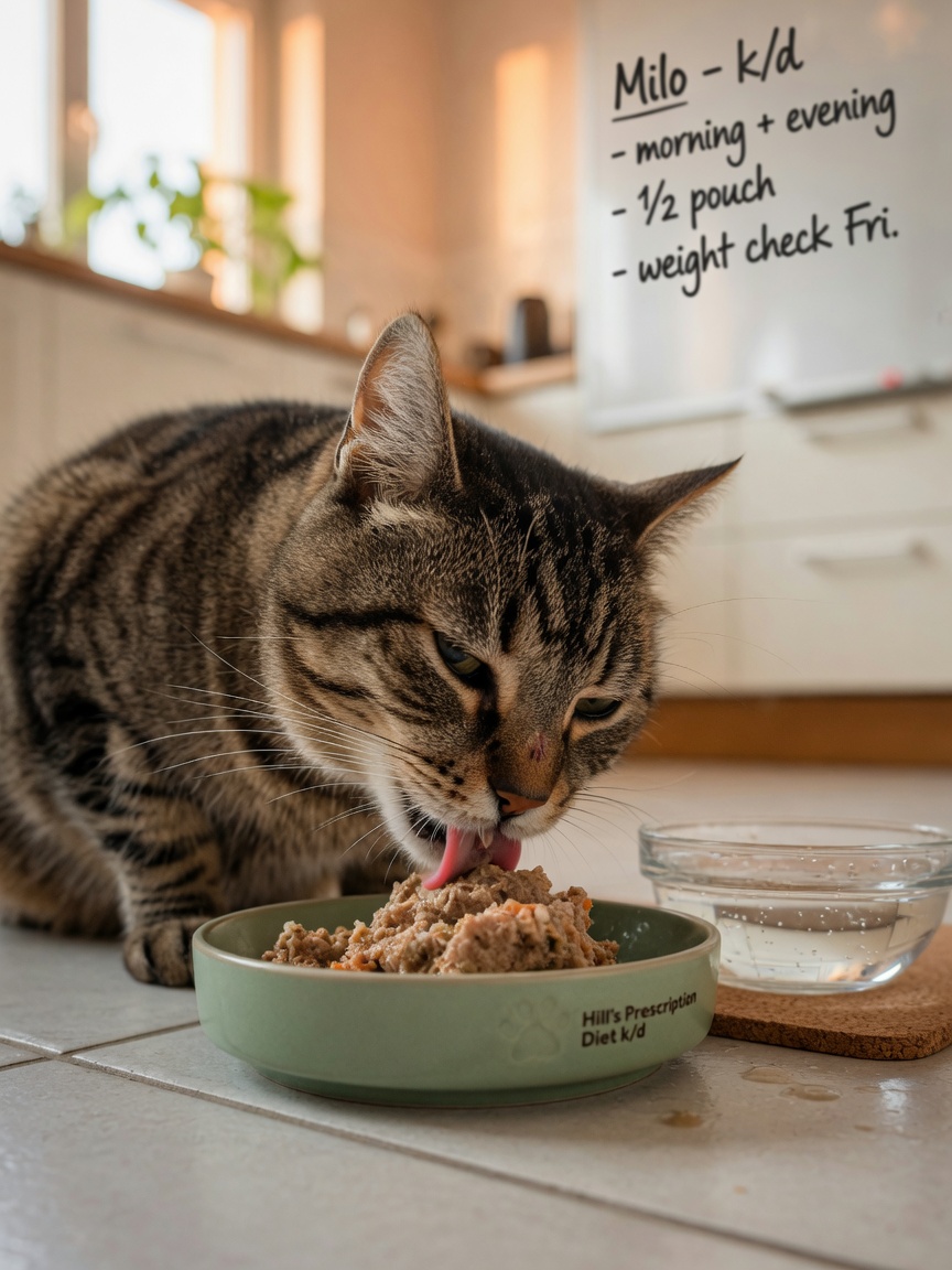 Adult cat eating therapeutic wet diet food from a bowl for urinary health management