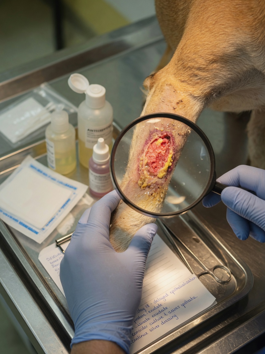 Veterinarian examining a healing wound on a dog's leg under magnification during clinical assessment
