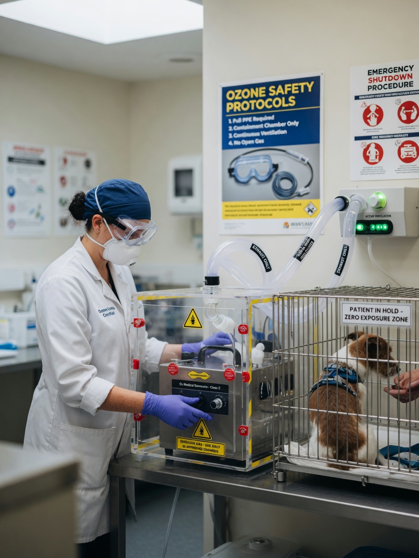 Veterinary technician demonstrating safe ozone therapy equipment handling with proper protective measures and ventilation