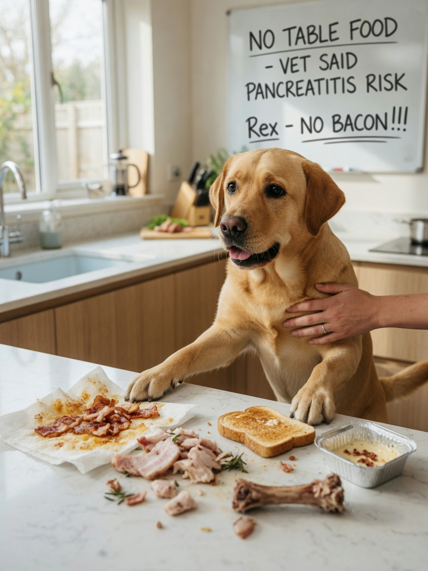 Dog reaching for fatty food scraps on a kitchen counter, illustrating dietary indiscretion risk