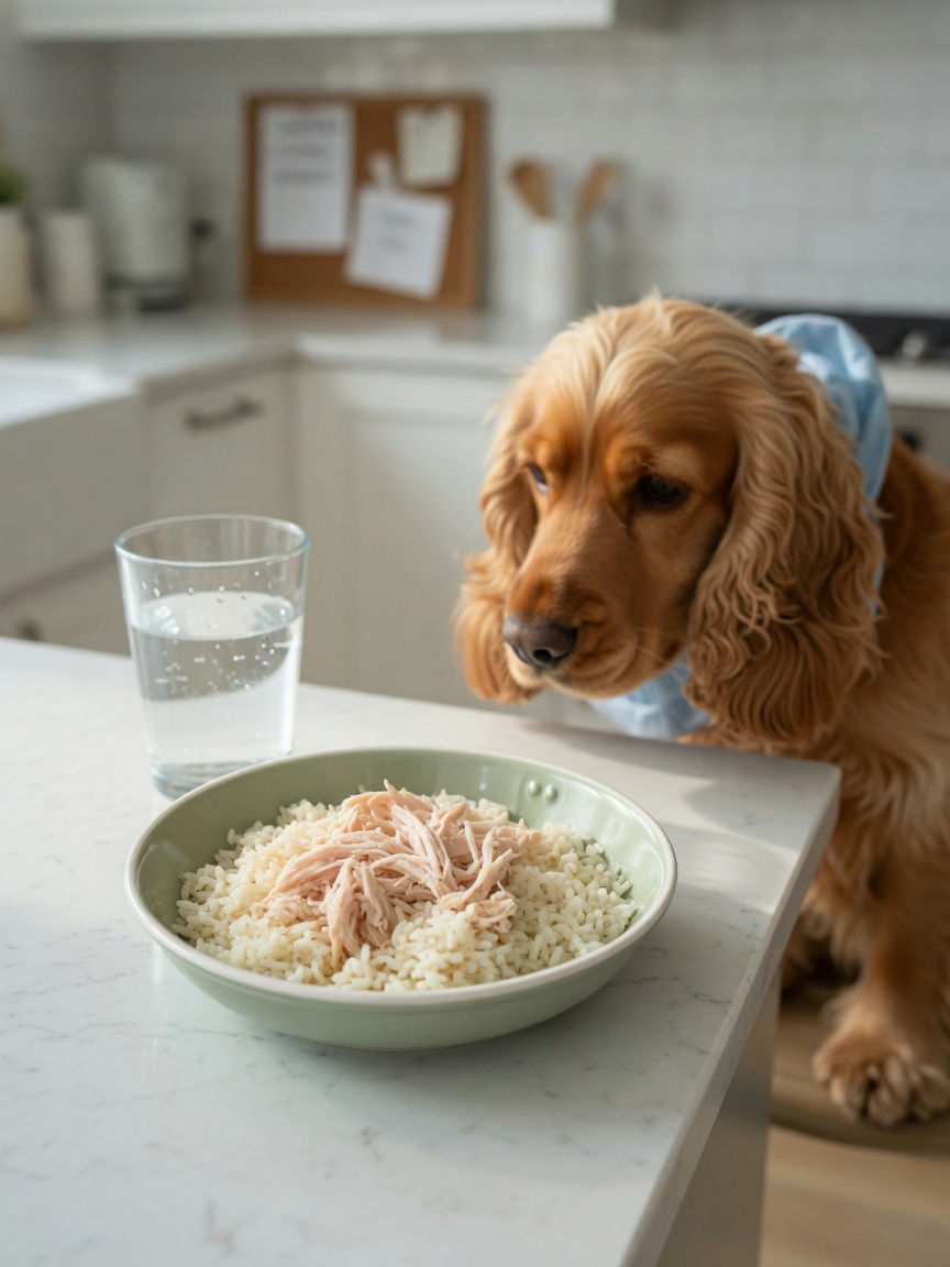 Low-fat recovery meal of boiled chicken and rice in small portion bowl with Cocker Spaniel in background