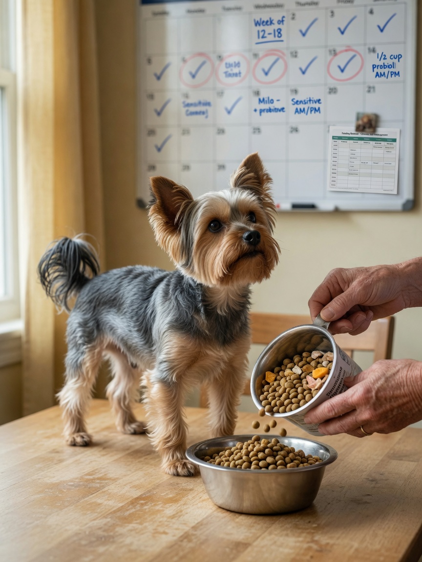 Yorkshire Terrier watching owner portion carefully measured low-fat diet food into bowl for chronic pancreatitis management