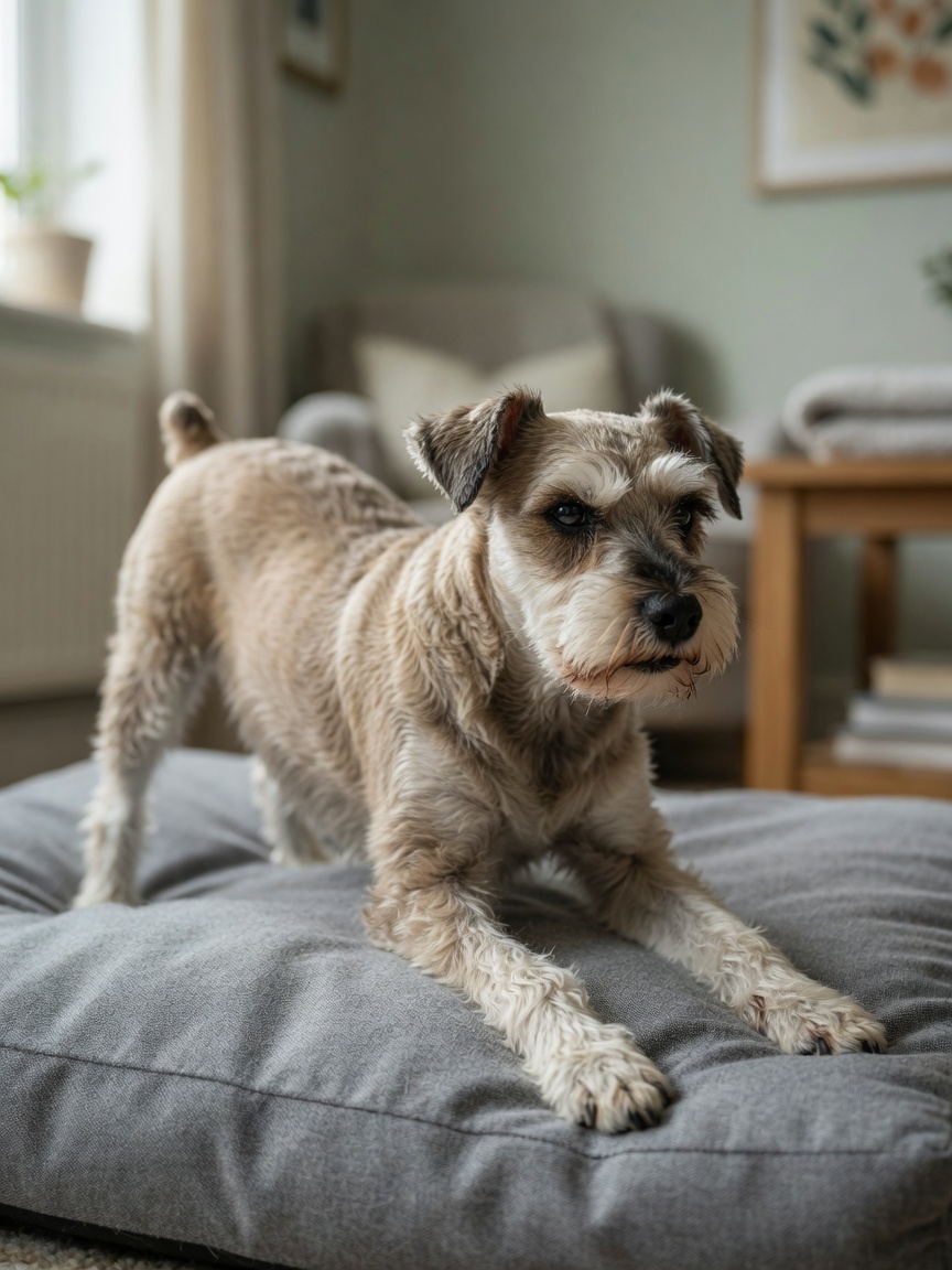 Schnauzer in Miniatura in posizione di preghiera su un letto per cani che mostra la postura del dolore addominale da pancreatite acuta