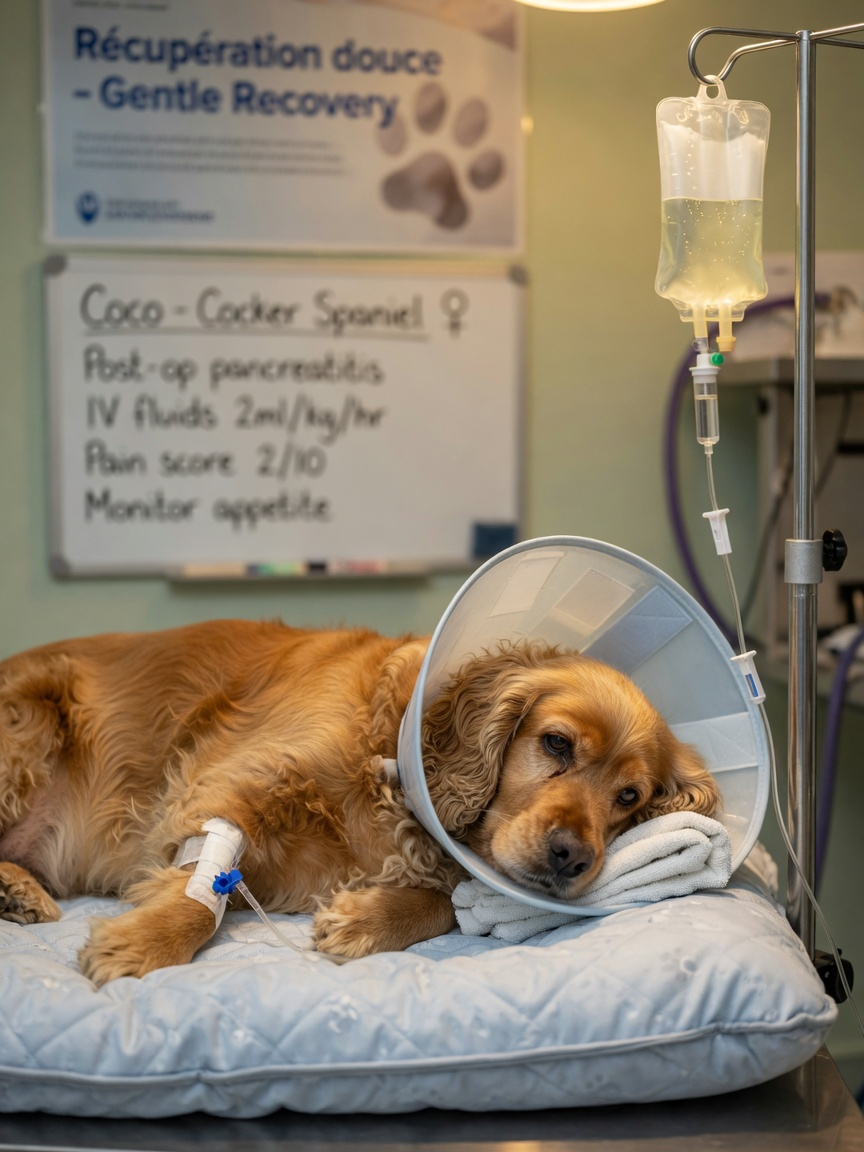 Cocker Spaniel che riceve terapia endovenosa durante il ricovero per il trattamento della pancreatite acuta