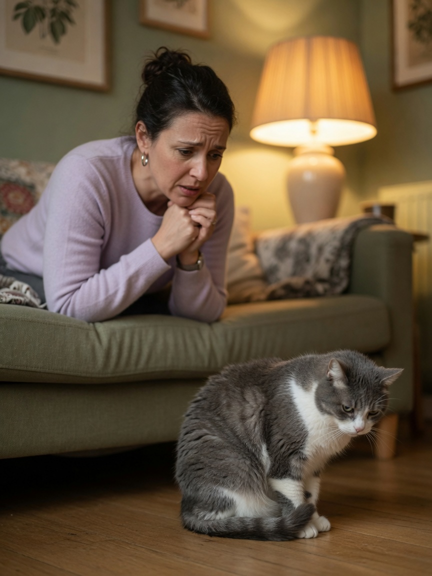 A concerned cat owner observing their withdrawn, unwell-looking cat showing subtle signs of illness