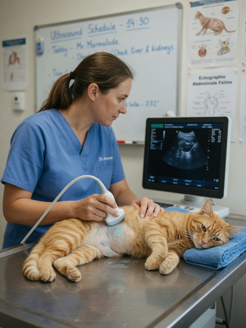 A veterinarian performing an abdominal ultrasound examination on an orange tabby cat to diagnose pancreatitis