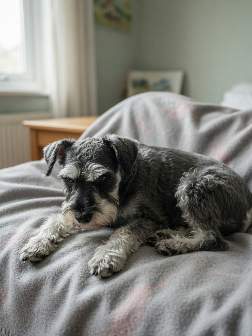 Ein Miniatur-Schnauzer mit akuten Pankreatitis-Symptomen einschließlich der charakteristischen Gebetsposition und Lethargie