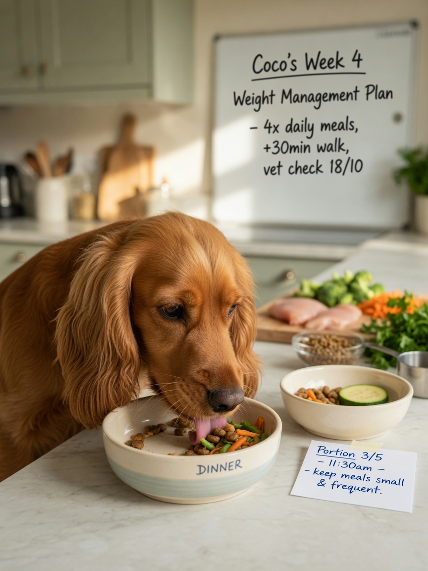 Ein Cocker Spaniel, der aus einer portionseingeteilen fettarmen Mahlzeit in einer Wohnzimmerküche isst, illustriert ordnungsgemäße Ernährungsverwaltung für Pankreatitis-Genesung