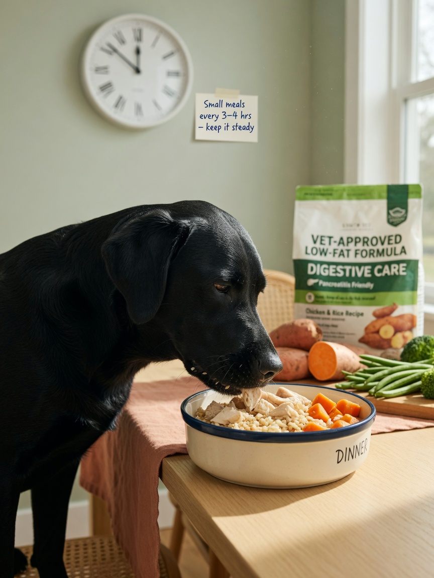 Black Labrador eating balanced low-fat meal during long-term pancreatitis management