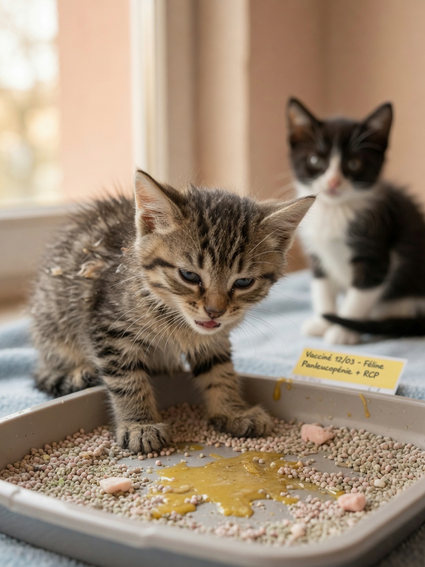 A young kitten showing signs of severe gastrointestinal illness characteristic of panleukopenia, positioned near a litter tray